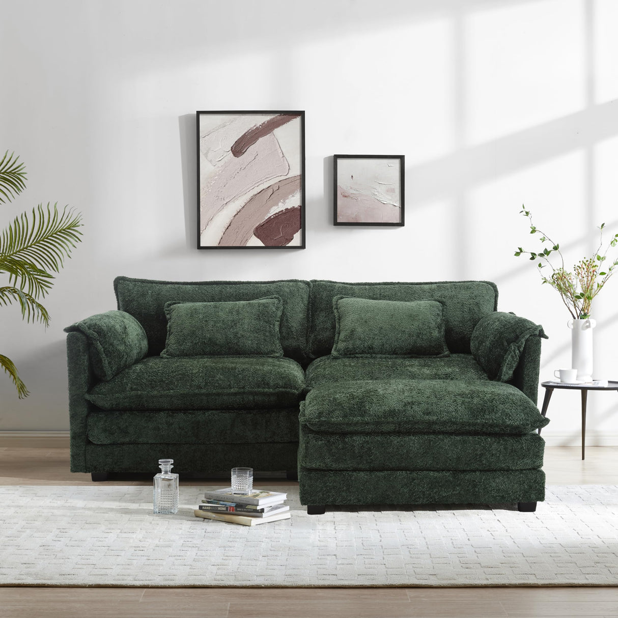 ZEIINPA L Shaped Sectional Sofa Cloud Couch for Living Room, 77" Chenille Comfy Boucle Modular loveseat Sofa, Modern Upholstery Sofa with Ottoman & Memory Foam, Emerald Green ZEIINPA