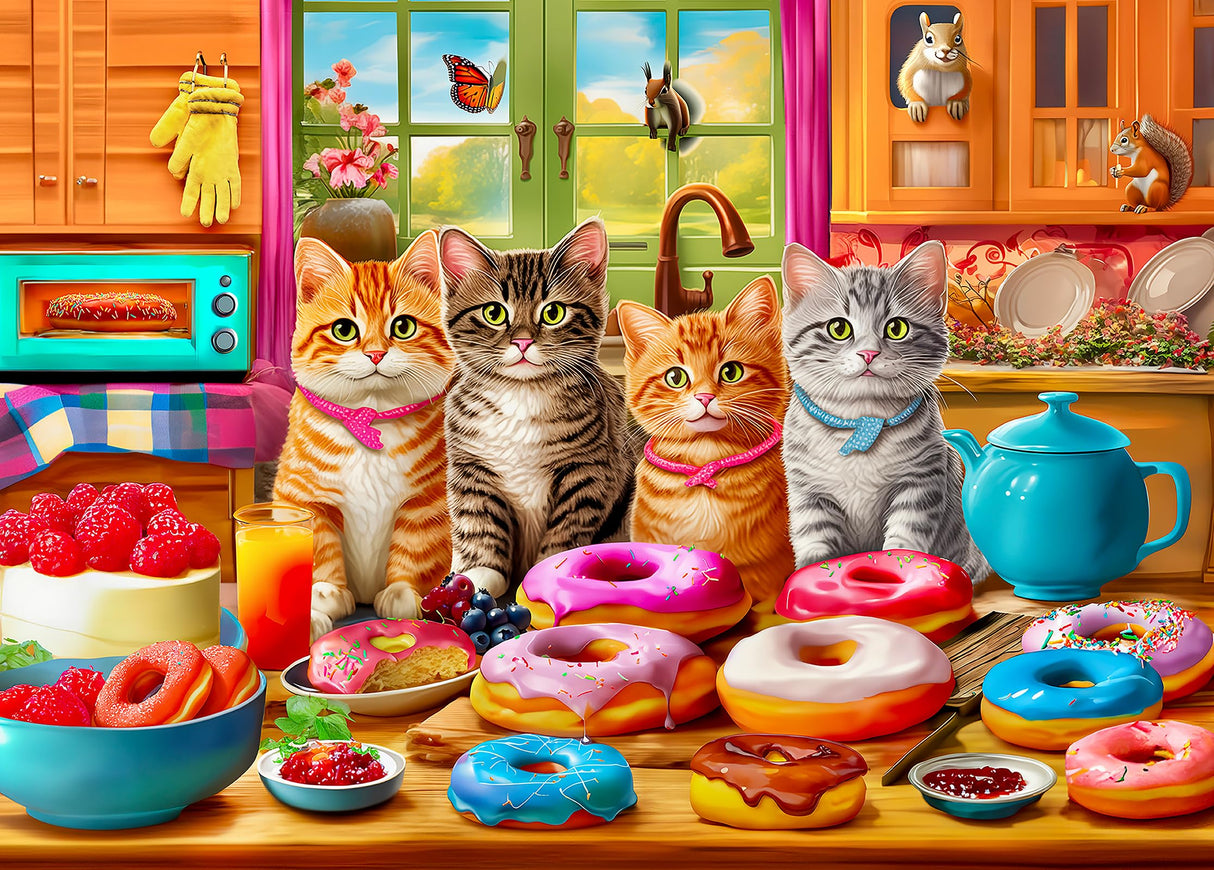 300 Pieces Jigsaw Puzzles for Adults - Puzzles for Kids Ages 6-8 8-10 10-12 - Large Piece Puzzles for Seniors - Kitchen Kittens and Donuts Mulic