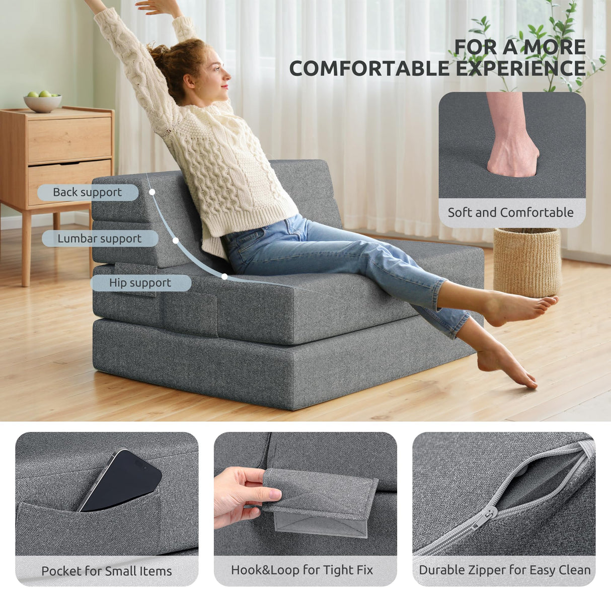 Youzi Folding Sofa Bed, Foldable Mattress for Bedroom and Living Room, 6 Inches Single Four-fold Floor Sofas for Guests, Sofa Bed Chair Floor Mattress with Washable Cover, Dark Gray, 75" x 25" x 6" Youzi