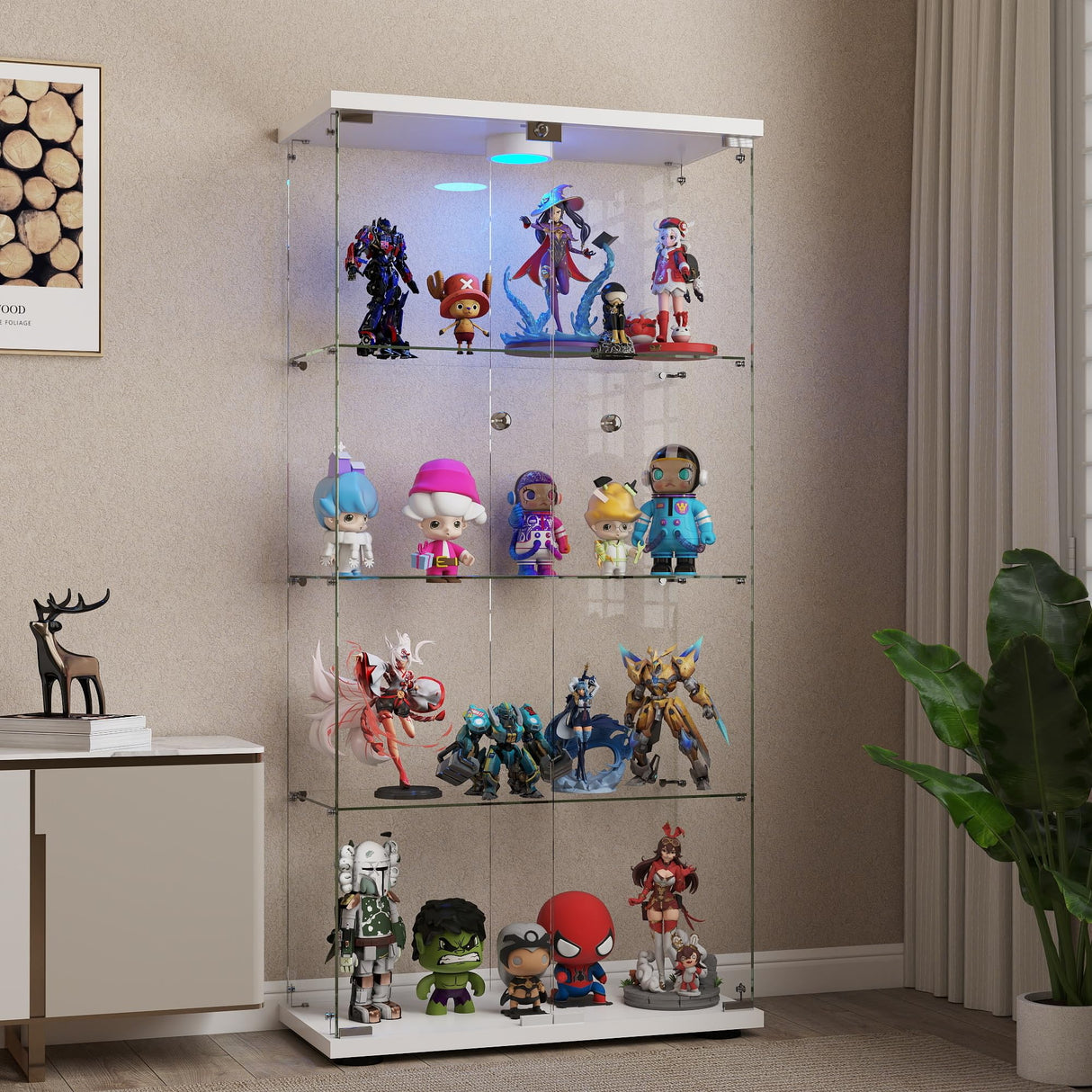 HAMBING Glass Display Cabinet with LED Lights and Lock, 4-Shelf Tempered Glass Curio Cabinet with 2 Doors, Collectible Display Showcase for Living Room, Bedroom – White HAMBING