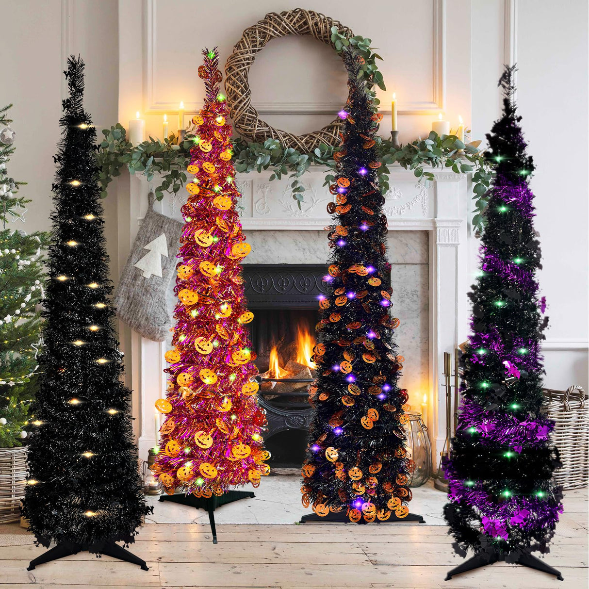 Pop up Christmas Tree for Indoor Decoration,5FT Pre-lit Mini Halloween Tree with 60 Lights,Black Artificial Pencil Tree Collapsible Tinsel Lighted up Christmas Tree luxfcup