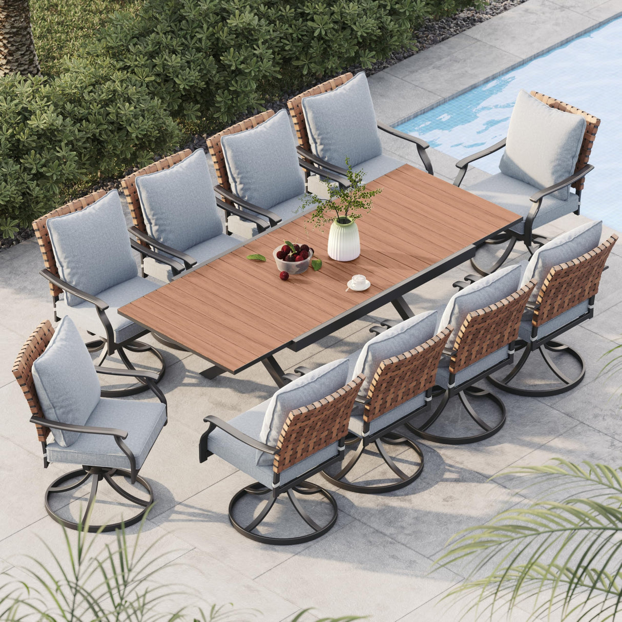 Grand patio 11-Piece Outdoor Dining Set, 10 Leather-Look Wicker Swivel Patio Chairs & 1 Extendable Rectangular Dining Table, Brown Grand patio