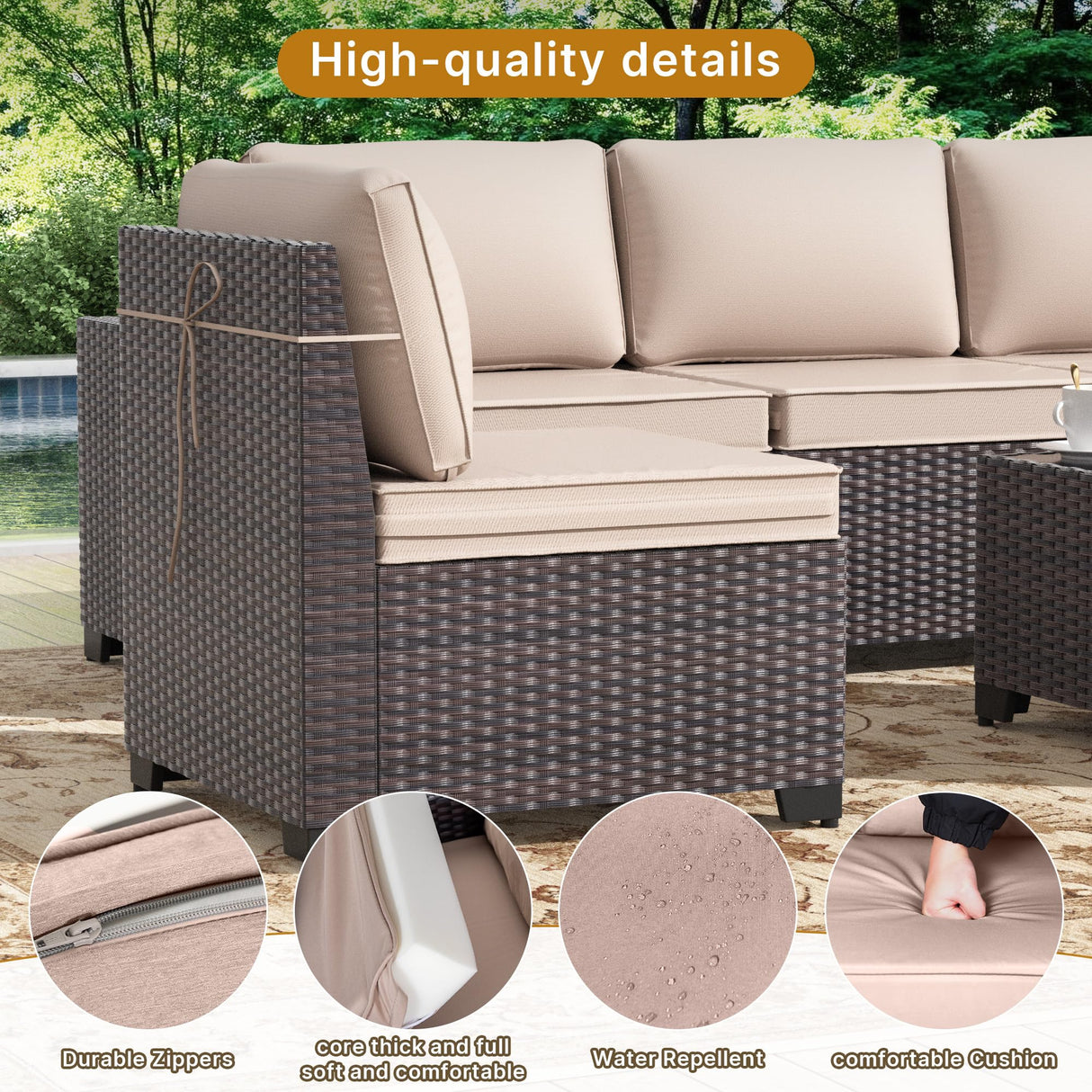 Gotland 6 Pieces Patio Furniture Set with 1 Coffee Table, 5 Seater Rattan Outdoor Sectional with Wide Armrests 29.5'' High Backrest Thick Waterproof Cushions, Conversation Sets for Deck Garden Khaki Gotland