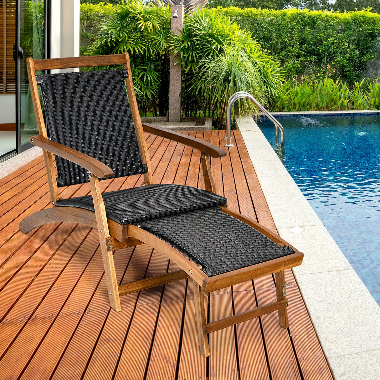 COSTWAY Patio Folding Rattan Lounge Chair Wooden Frame W/Retractable Footrest COSTWAY