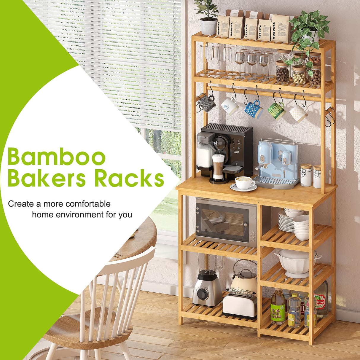 BMOSU Bamboo Bakers Rack for Kitchen Open Storage Shelves & Coffee Bar Table - Microwave Stand with 12 S-Shaped Hooks BMOSU