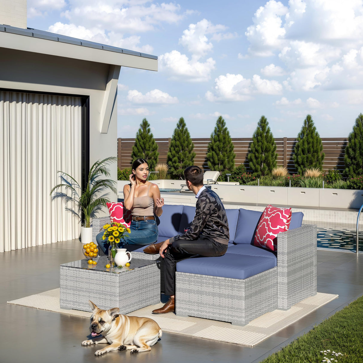 5 Piece Outdoor Patio Furniture Set, Rattan Deck Conversation Sofa Set with Non-Slip Cushions, All-Weather Sectional Sofa with Glass Storage Table and Balcony Footstool, Poolside, Garden, Porch, Gray GAOMON