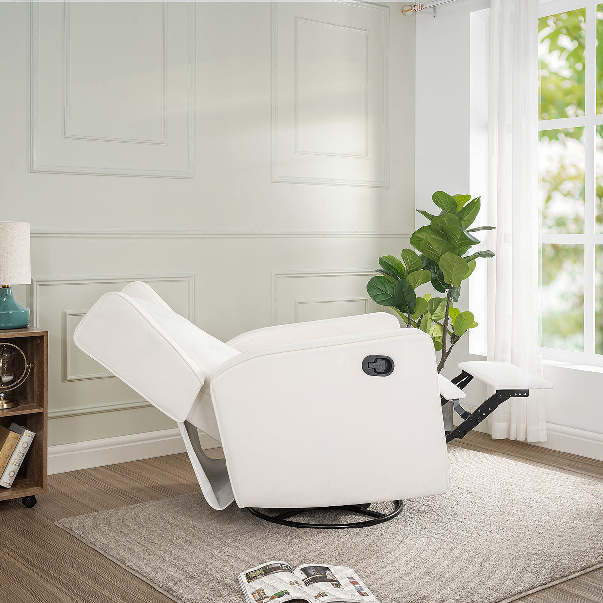 Naomi Home Odelia Swivel Rocker Recliner Glider, Bright White - Ergonomic Nursing Chair with Footrest for Soothing Comfort in Compact Spaces Naomi Home