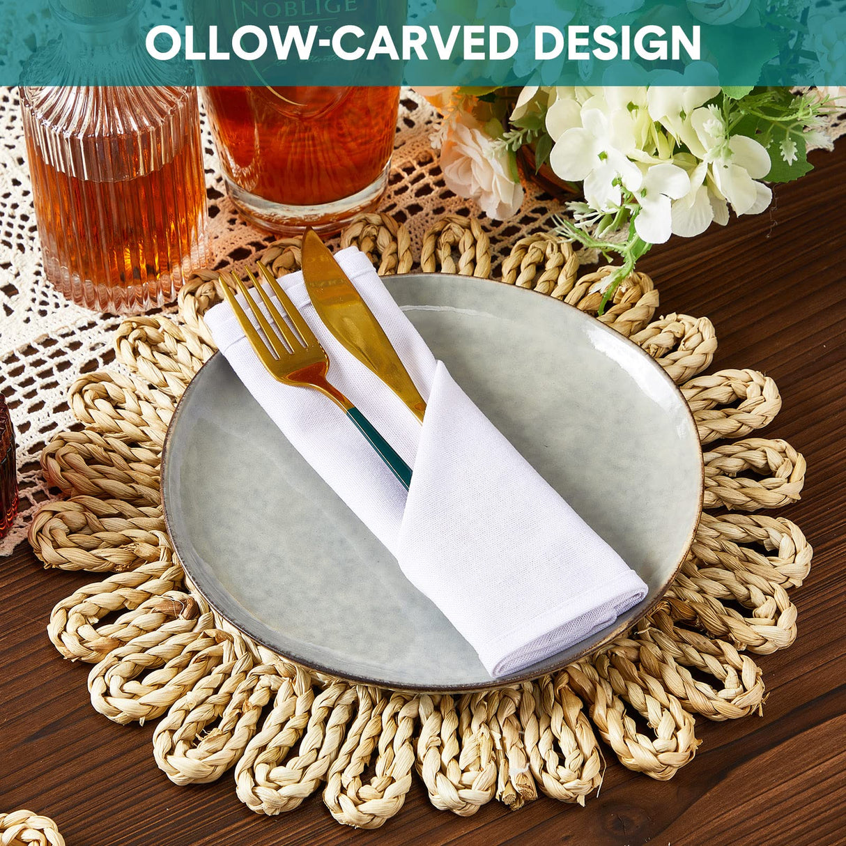 Zopeal 16 Pieces 11 Inches Woven Round Placemats Rattan Chargers Wicker Boho Placemats Natural Braided Table Mats Corn Husk Place Mats Wicker Charger Plates for Wedding(Hollow) Zopeal