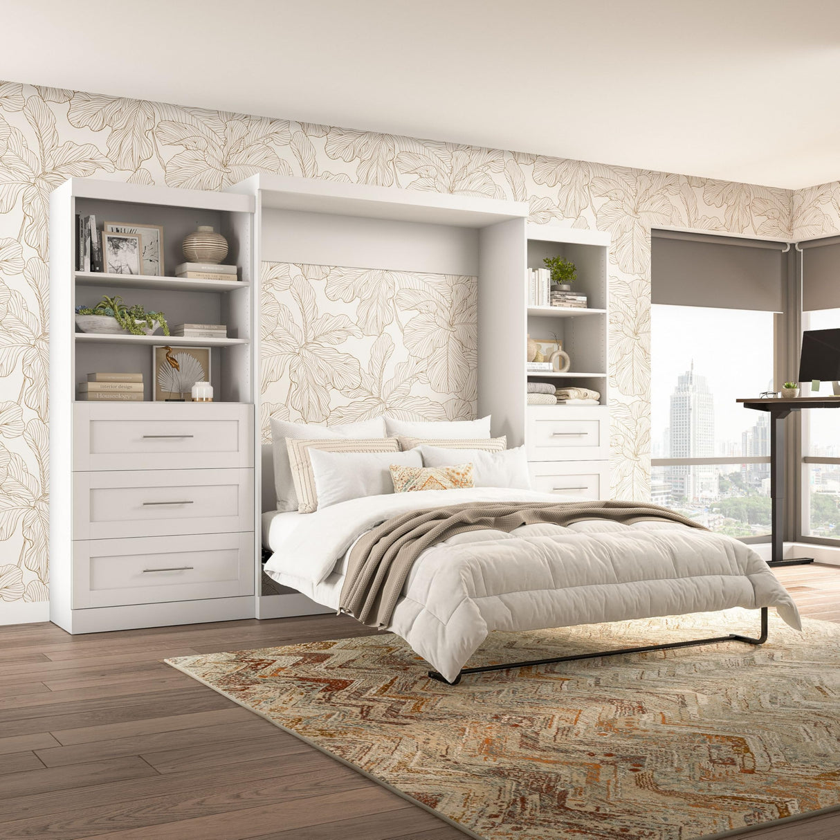 Bestar Pur Queen Murphy Bed and 2 Shelving Units with Drawers, 126-inch Space-Saving Wall Bed Bestar