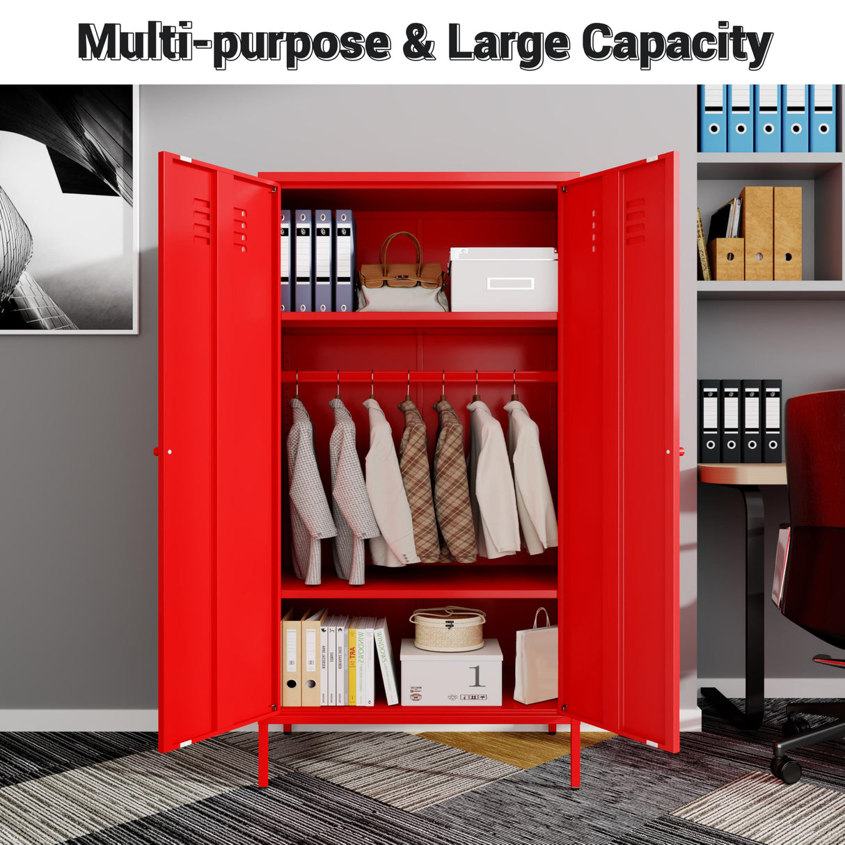 SunLinkSan Metal Storage Cabinet with Doors and Adjustable Shelves, Organization Locker, Farmhouse Kitchen Pantry for Cupboard, Bedroom, Dining, Living, Bathroom, Office, Garage Room (Wardrobe, Red) SunLinkSan