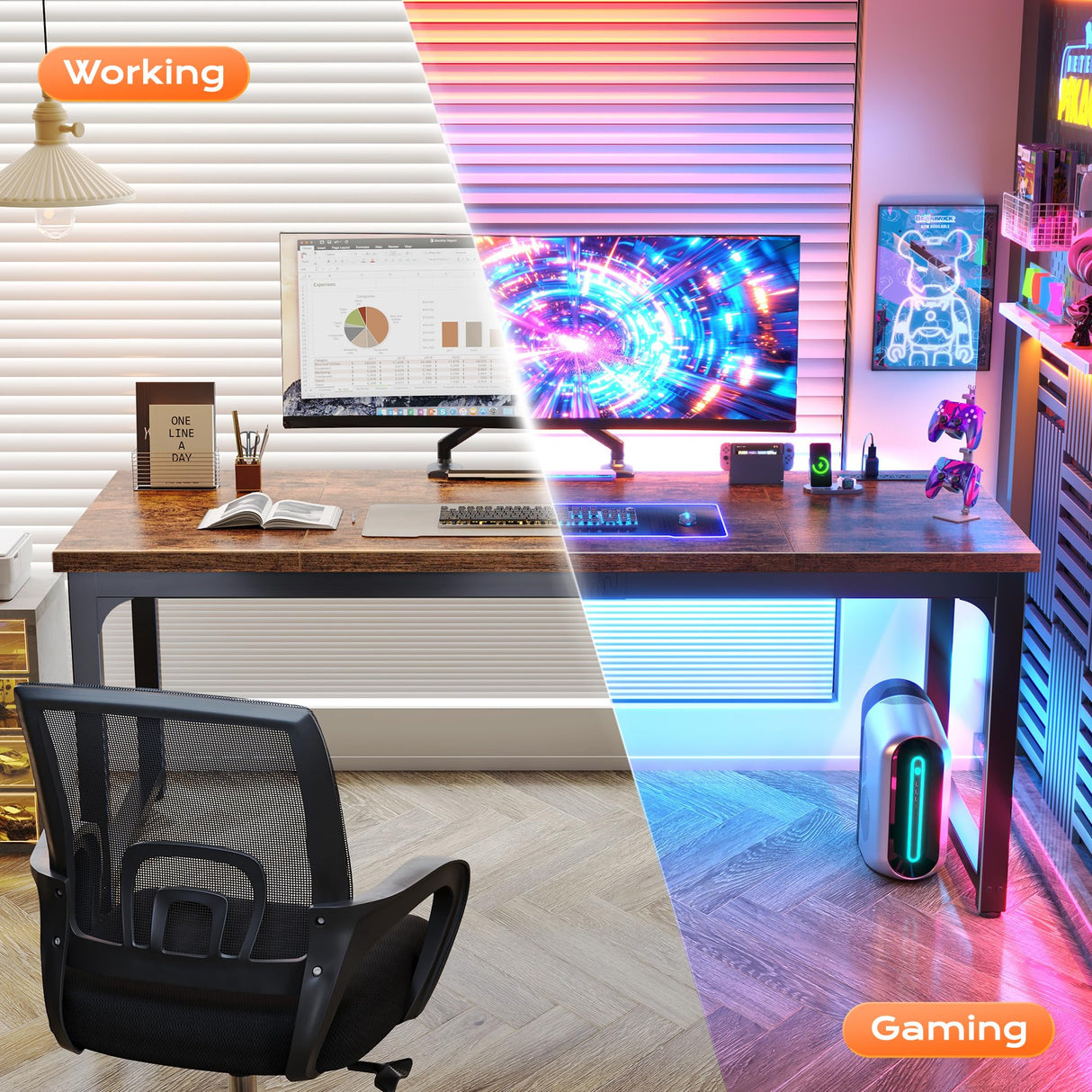 Huuger 63 x 24 inch Desk with Power Outlets & USB-C, Deeper & Thicker Desktop, Robust Metal Tubes, Computer Desk, Heavy Duty Office Desk, Work Gaming Desk, for Home Office, Rustic Brown Huuger