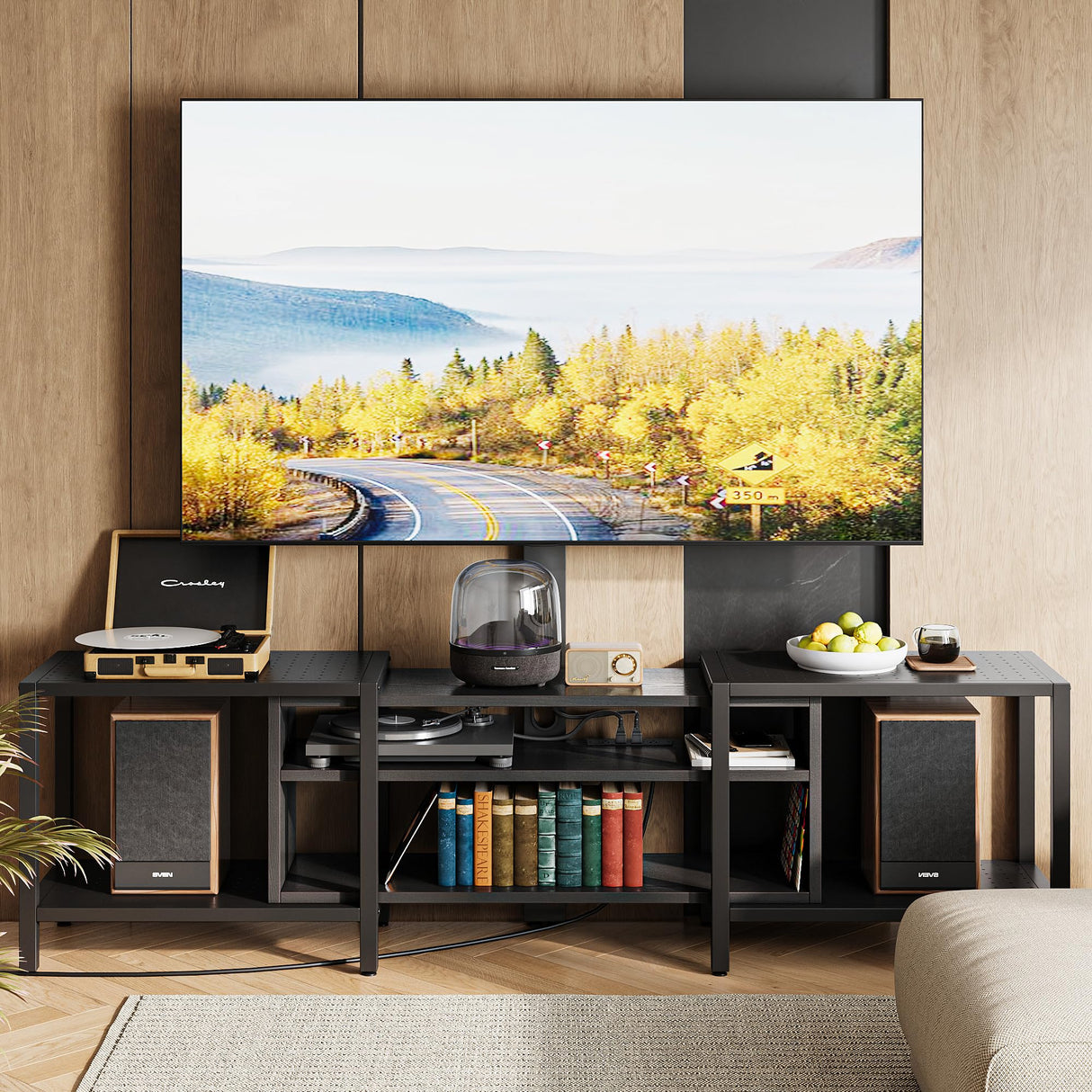 IRONCK 79 Inch TV Stand for TVs up to 85 Inch with Mount and Power Outlet, 3 Tiers TV Console with Storage Shelves, Entertainment Center, Steel Frame, for Living Room, Bedroom, Black IRONCK