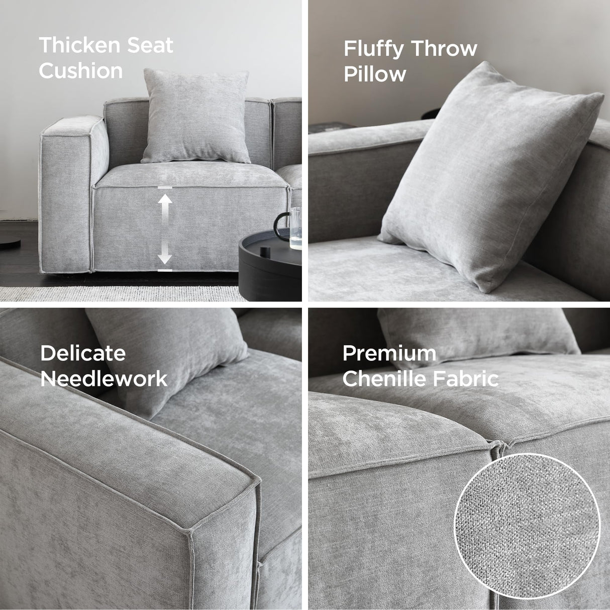 Acanva Luxury Modular Sectional Living Room Sofa Set, Modern Minimalist Style Couch with Ottoman and Chaise, L-Shape, Chenille Grey Acanva