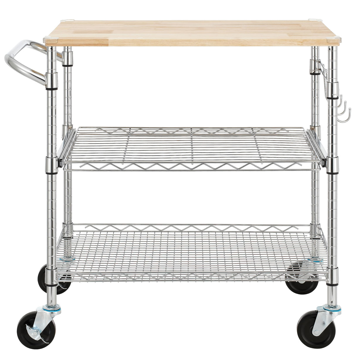 Finnhomy 3-Tier Rolling Kitchen Cart with 18" D x 30" W Oak Wood Tabletop, Kitchen Island Cart with 4" Wheels and Slider Shelf, Microwave Cart & Coffee Cart with Hooks for Dining Room, Chrome Finnhomy