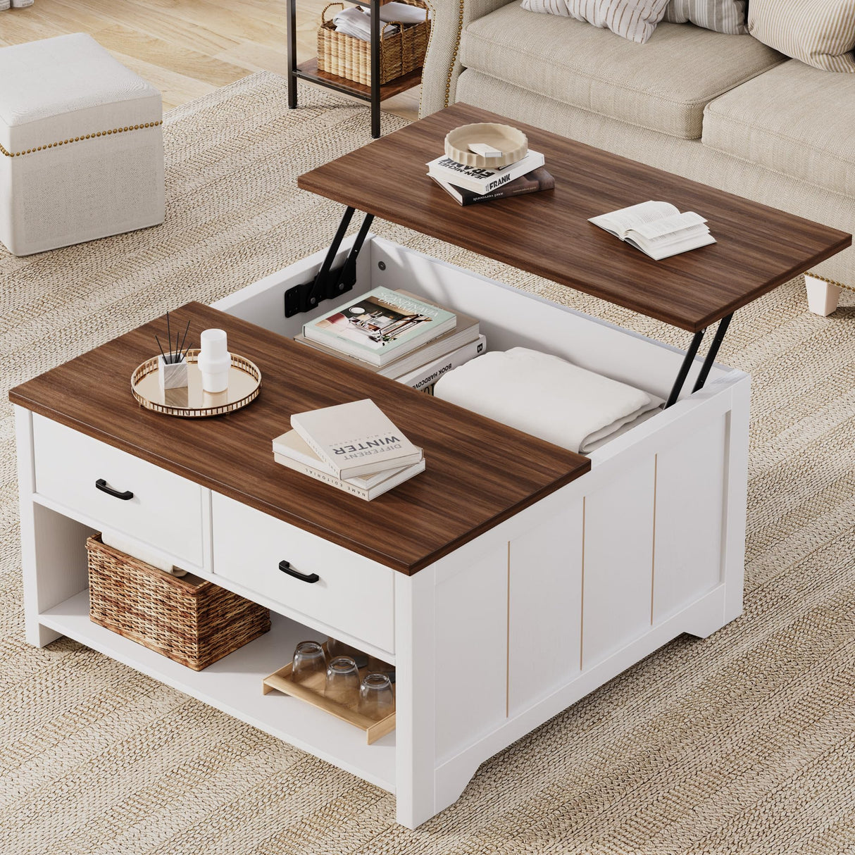 Vividwood Coffee Table Lift Top, Wood Tea Table with Big Open Storage, Square Coffee Tables for Living Room, Farmhouse Coffe Tables Rustic Center Table with 2 Drawers, Coffe White Vividwood