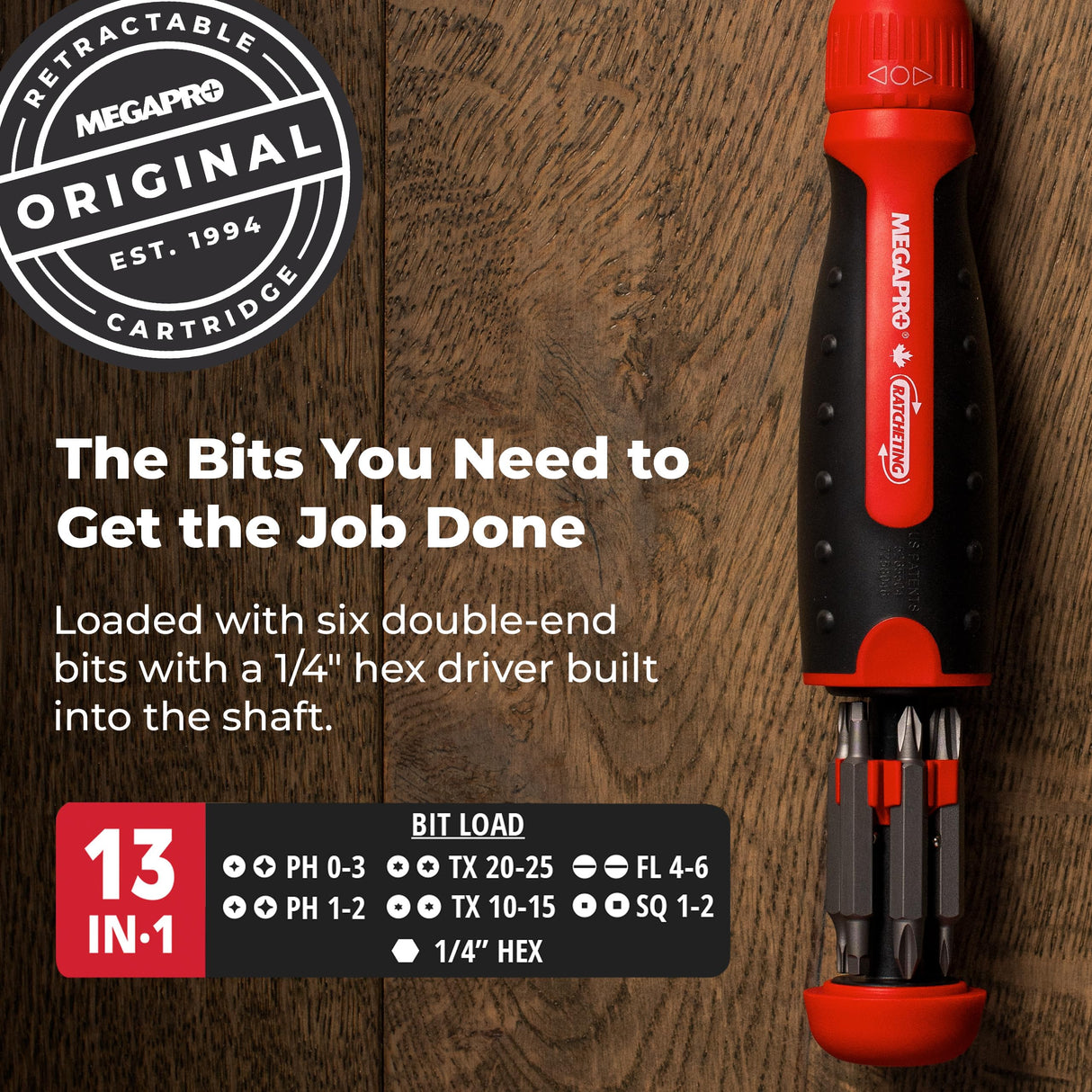 Ratcheting Screwdriver - 13-in-1 Multi Bit Screw Driver w/ ¼" Hex Shaft for Phillips, Star, Flat, Square Bit - Ratchet Screwdriver w/Retractable Cartridge - Multi Screwdriver Megapro