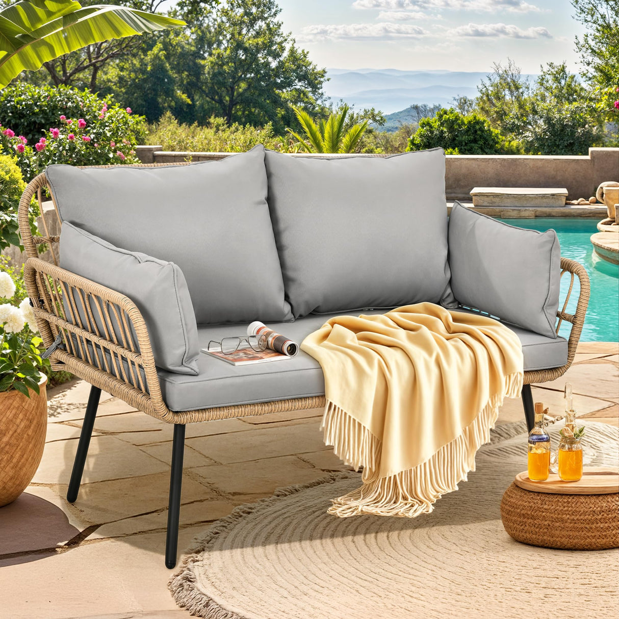 YITAHOME Patio Loveseat, All-Weather Wicker Rattan 2 Seater Sofa with Cushions & Lumbar Pillows, Outdoor Patio Furniture Set for Patio, Balcony, Backyard, Deck, Poolside - Grey YITAHOME