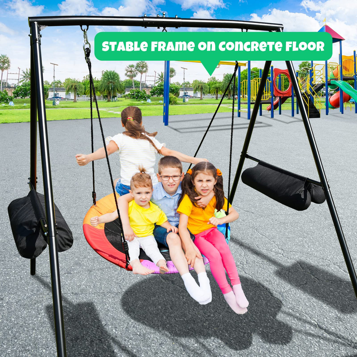 Trekassy 440lbs Swing Sets for Backyard, Concrete Patio, Heavy Duty A-Frame Metal Swing Stand with 40" Saucer Tree Swing, Sandbag for Outdoor, Playground, Park, No Anchors Needed Trekassy