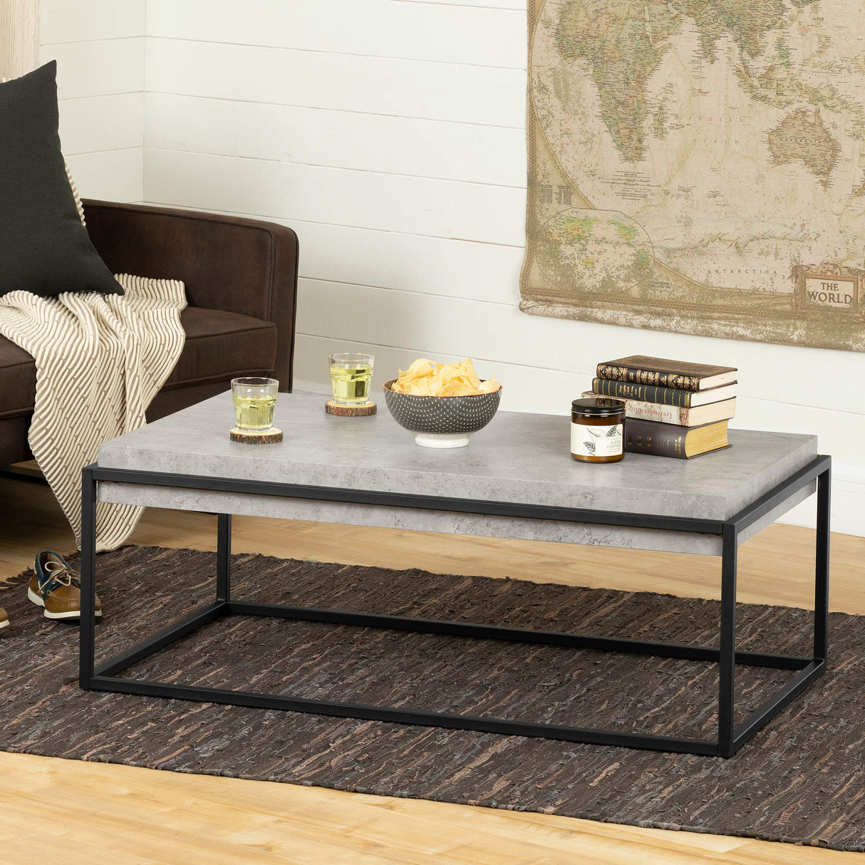 South Shore Mezzy Industrial Coffee Table, Concrete Gray and Black, 43.3 in x 23.6 in x 16.5 in South Shore