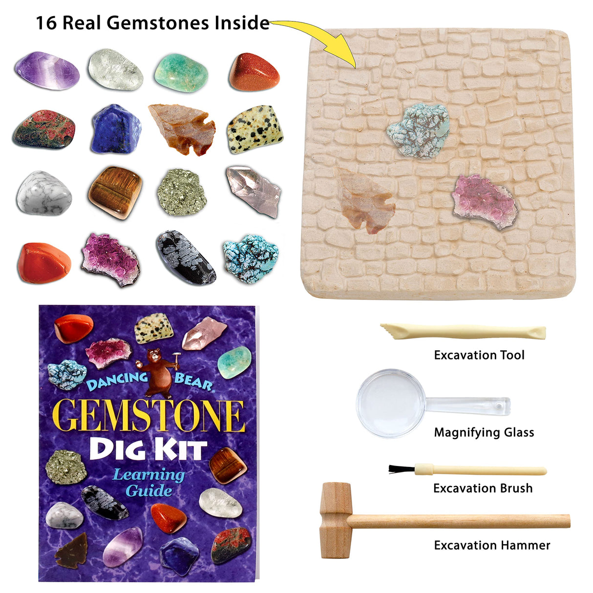DANCING BEAR Gem stone Dig Kit, Excavate 16 Real Gems & Crystals including Arrowheads, Quartz Point and Amethyst, STEM Education for Kids, Fun Rock Mining Science Activity Gift Sets for Girls and Boys DANCING BEAR