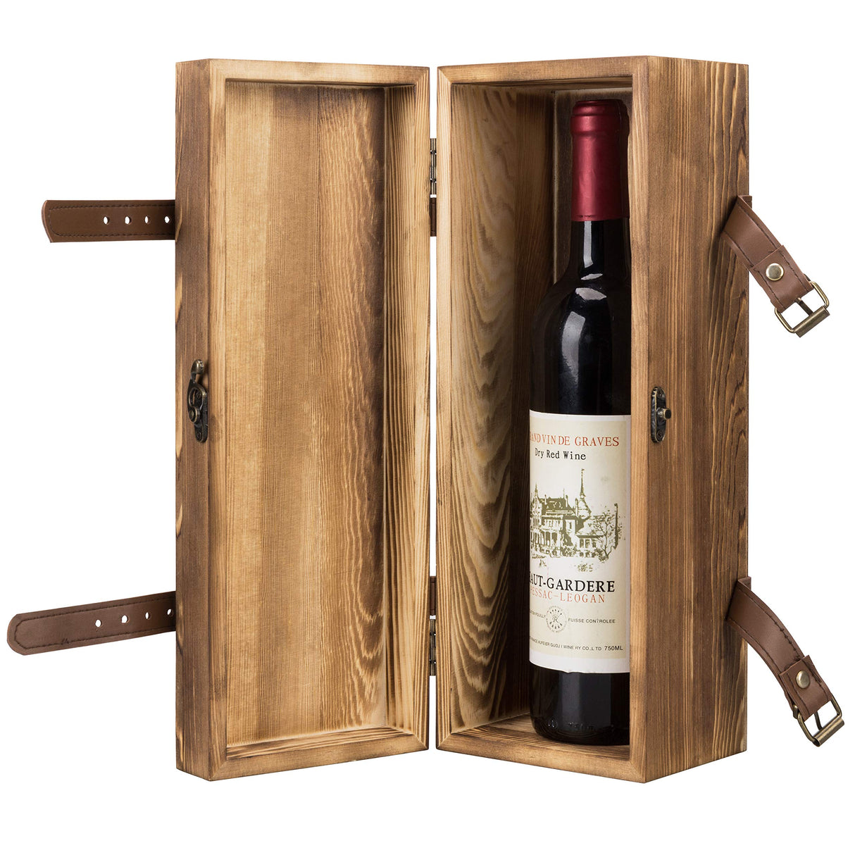 MyGift Vintage Brown Wood Single Wine Bottle Holder Gift Box with Leatherette Buckle Straps and Locking Latch MyGift