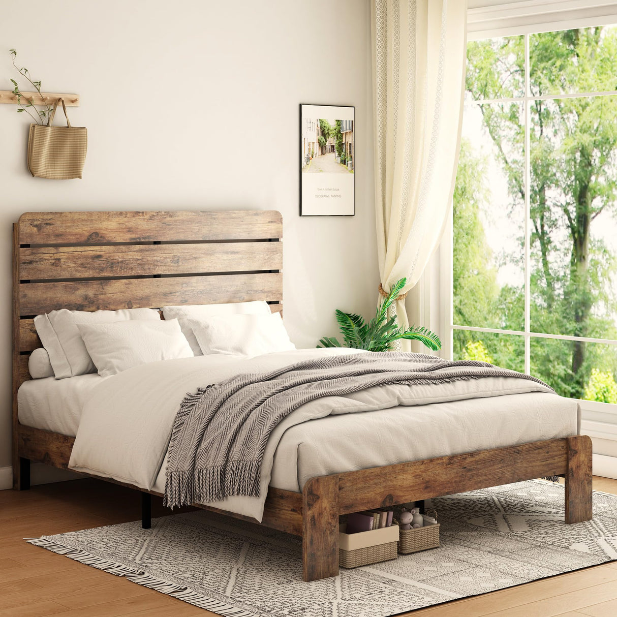 SAMTRA Wooden Full Size Bed Frame with Headboard, Rustic Farmhouse Platform Bedframe with Wood Slat Support, Sturdy and No Noise, Easy Assembly (Light Brown/Linear Headboard, Full) SAMTRA