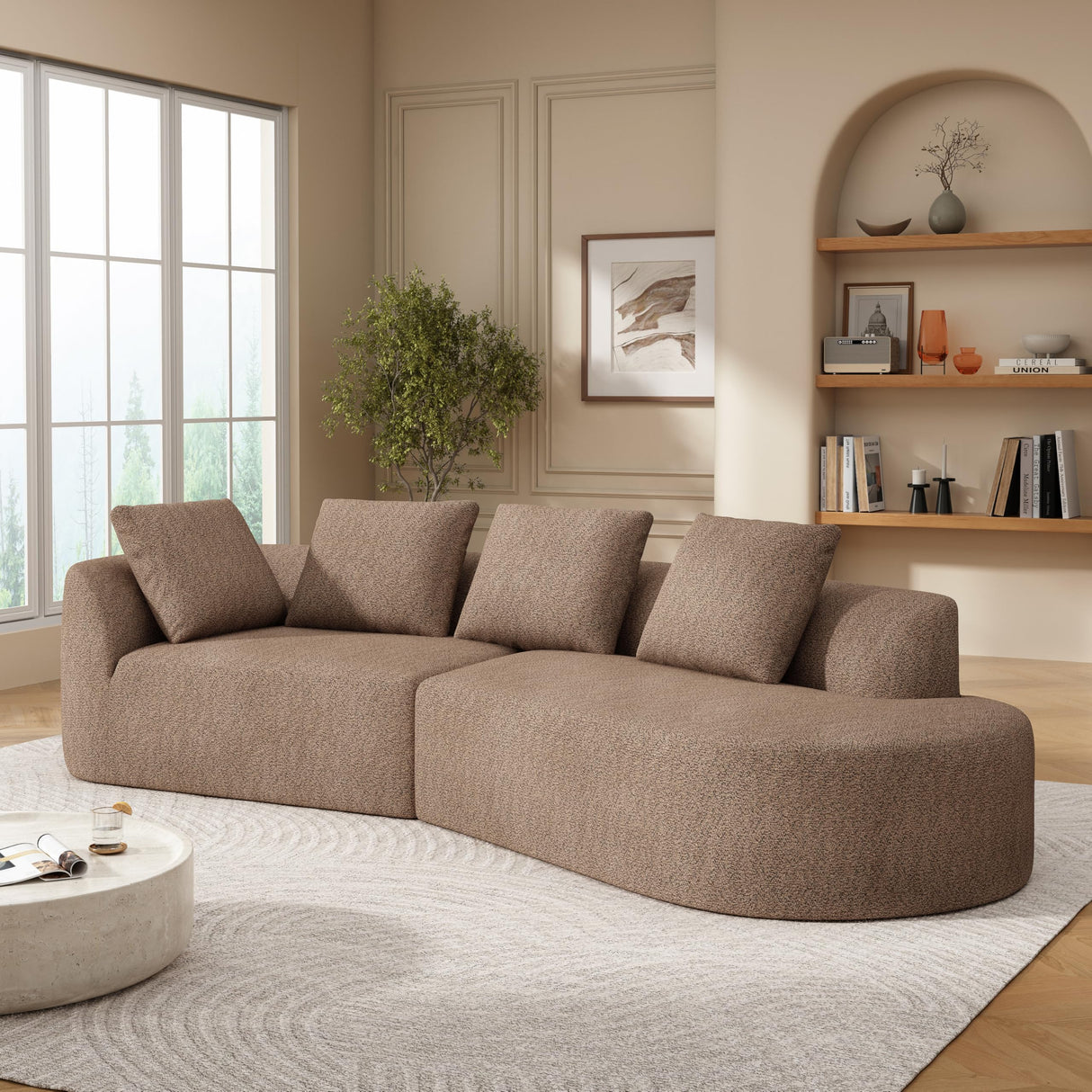 Merax 116" Curved Polyester Sectional Sofa, Modern Pearl Upholstery 3 Seat Cloud Couch with Chaise Lounge & 4 Pillows for Living Room, Camel Merax