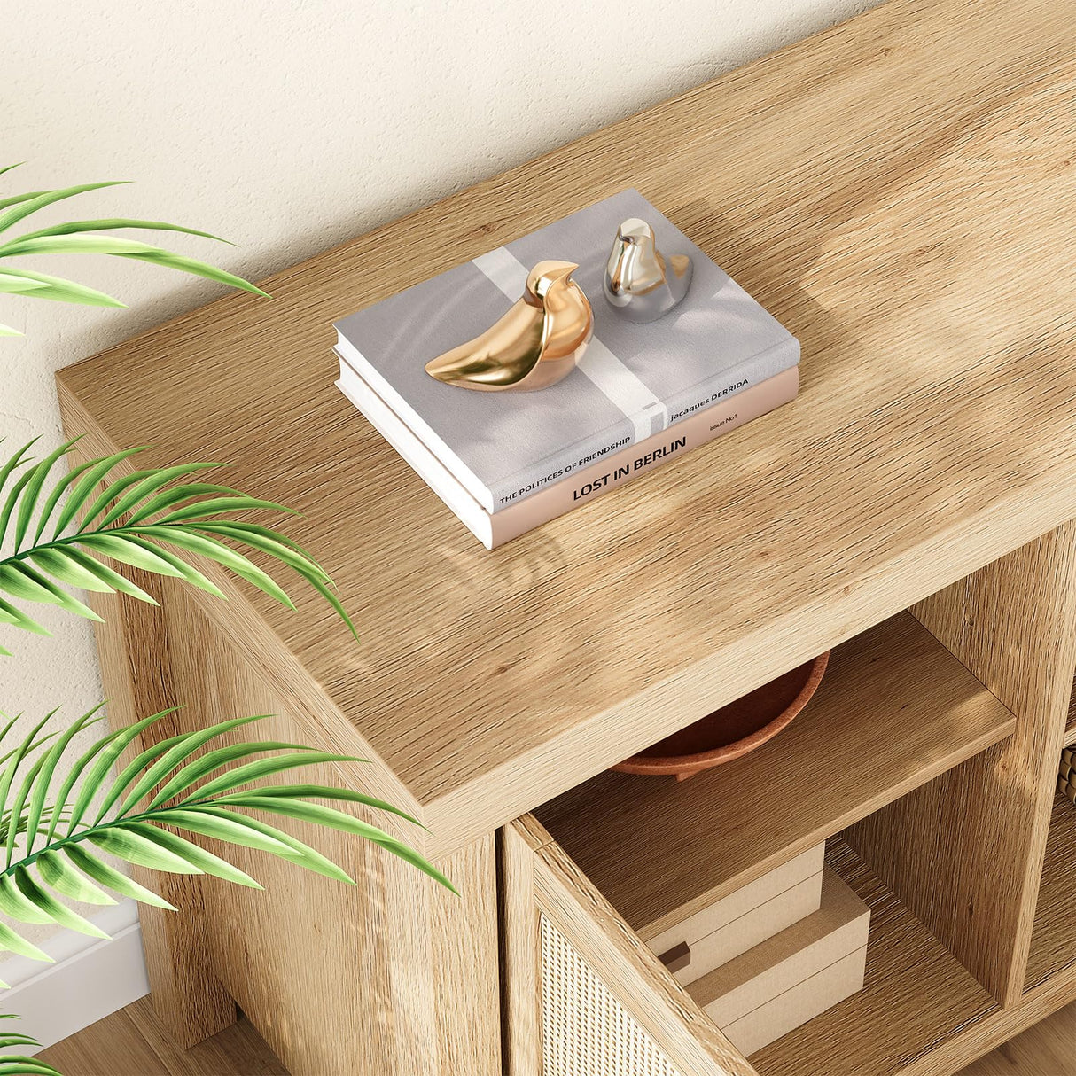 IDEALHOUSE Rattan TV Stand for 75 inch, Boho Entertainment Center with Adjustable Shelves, Natural Oak TV & Media Cabinet 2-Tier Storage for Living Room Bedroom IDEALHOUSE