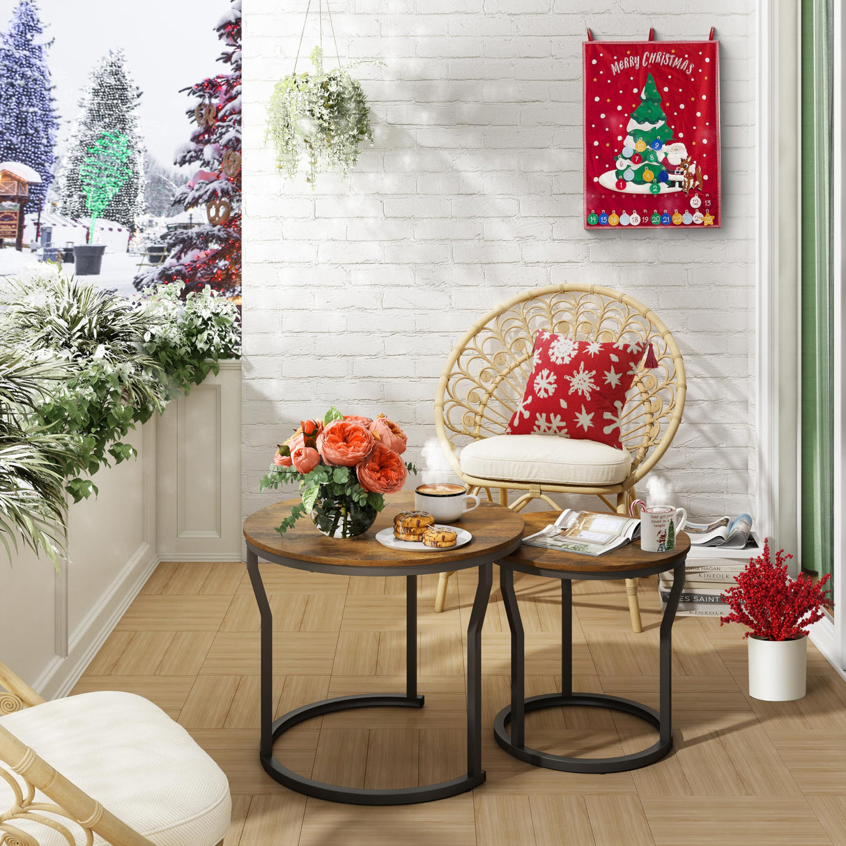 Hoctieon Nesting Coffee Tables, Round Nesting Tables Set of 2, End Tables, Stacking Nesting Tables for Living Room, Circle Coffee Tables, Side Tables Wooden Table Top, Rustic Brown Hoctieon