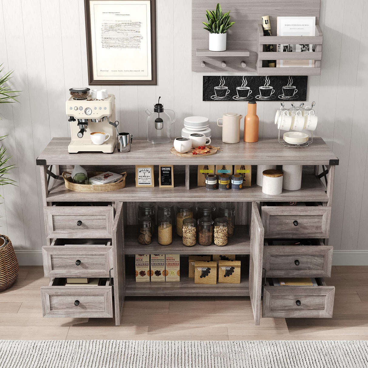 Maupvit 59" Buffet Cabinet with Storage, Farmhouse Sideboard Cabinet with 6 Drawers and Open Shelves, Adjustable Shelf, Large Coffee Bar Station Table for Kitchen, Dining, Living Room, Grey Maupvit