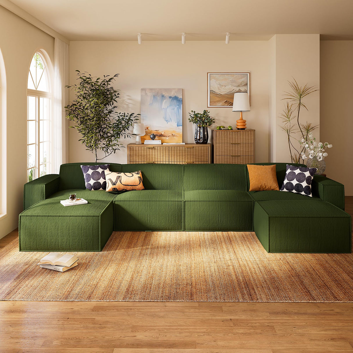 Marsail Modular Sectional Sofa, 142" U-Shaped Modular Sectional Couch with Deep Seat, Freely Combinable Sectional Clound Sofa for Living Room, No Assembly, Plush Corduroy Fabric, Green Marsail
