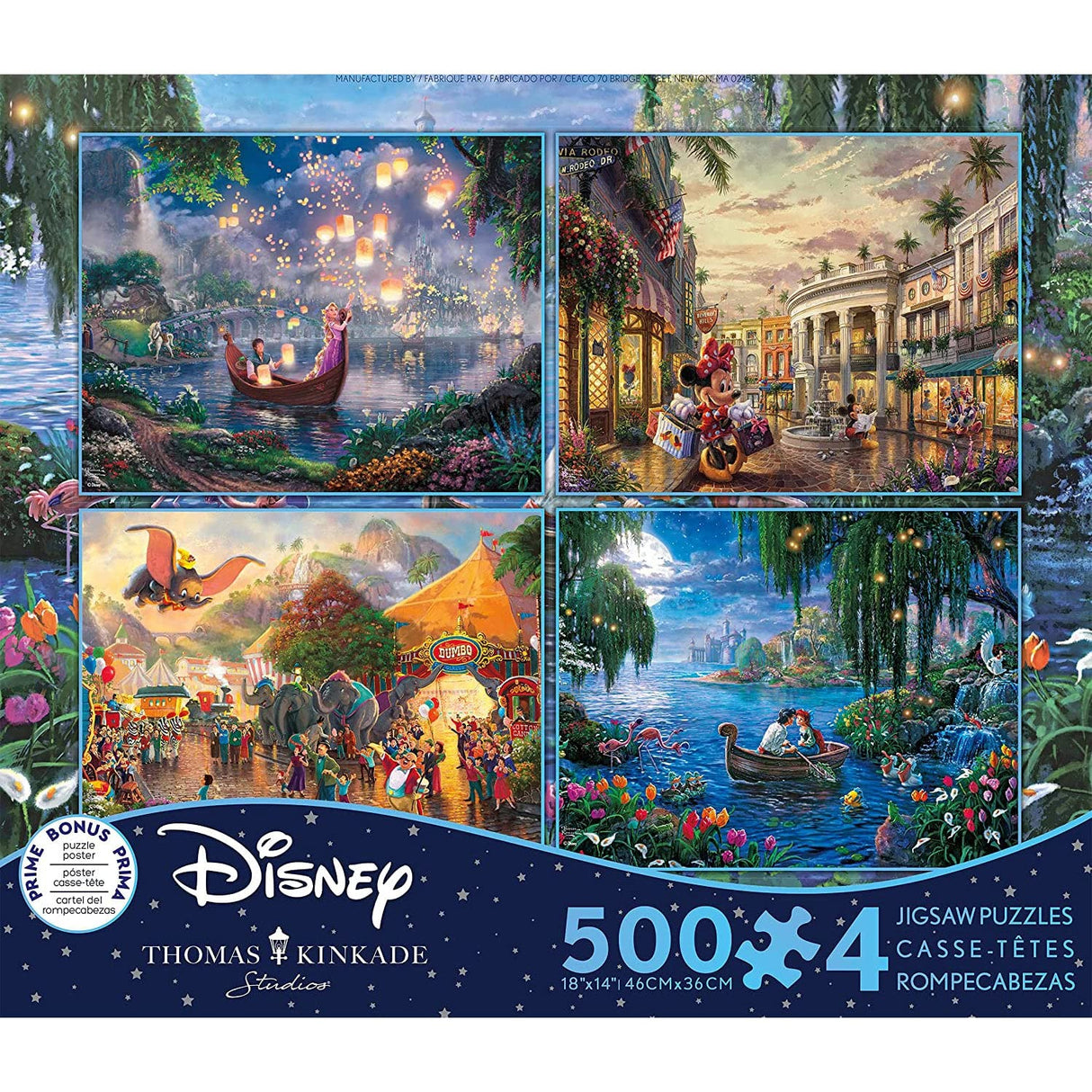 Ceaco - 4 in 1 Multipack - Thomas Kinkade - Disney Dreams Collection - Tangled, Mickey and Minnie Mouse, Dumbo, & The Little Mermaid - (4) 500 Piece Jigsaw Puzzles , Blue Ceaco