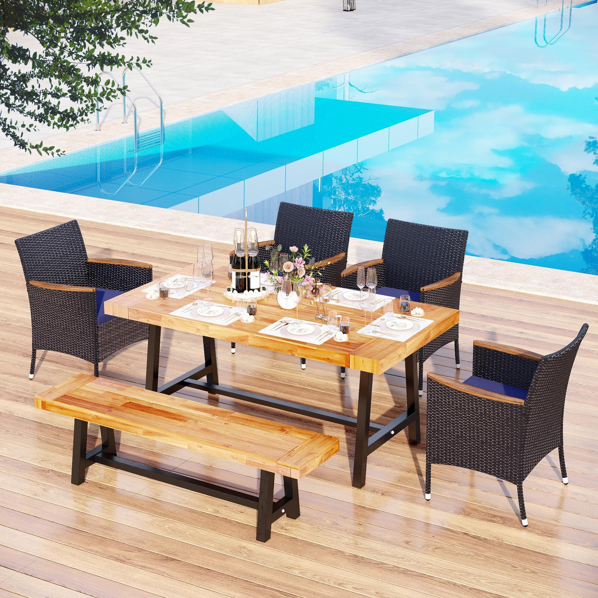 MFSTUDIO 6-Piece Outdoor Patio Dining Set with Acacia Wood Table and Bench,Outdoor Rattan Wicker Chairs Furniture Set with Removable Cushions for Balcony,Garden,Lawn MFSTUDIO