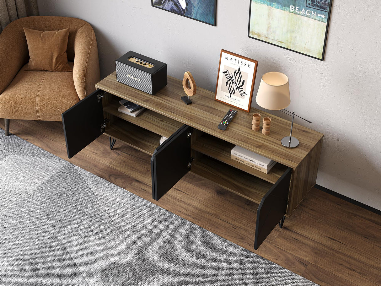 Mid Century Modern TV Stand Console for Living Room (55 to 65 Inch Television) Black and Brown with Storage Cabinets, Modern Designs by Crafts and Comfort Modern Design By Crafts & comfort