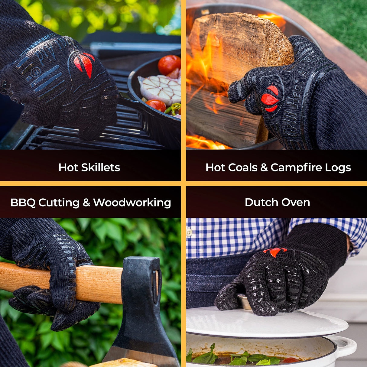 GRILL HEAT AID Premium BBQ Gloves - 1472°F Heat Resistant Gloves for Grilling, Longer Cuff Grill Gloves Heat Proof for Men, Oven Mitts for Baking, Pizza, Barbecue, Cast Iron, Fire Pit, Fireplace Grill Heat Aid