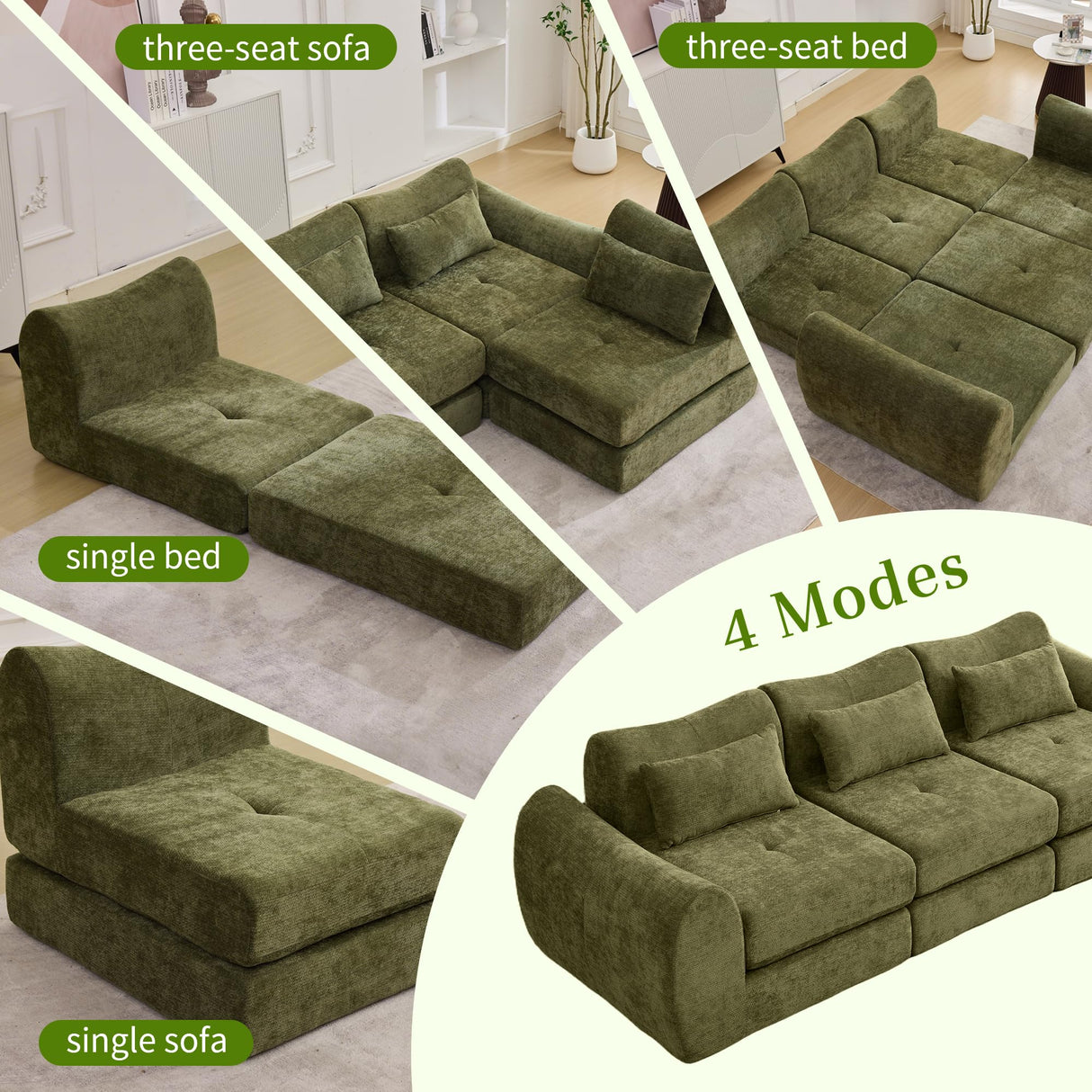 MAXMAXX 102" Cloud Sofa, 4-in-1 Folding Sofa Bed, Floor-Standing Boneless Couch, Futon Sofa Bed for Living Room, Bedroom and Entertainment Room (Green) MAXMXX