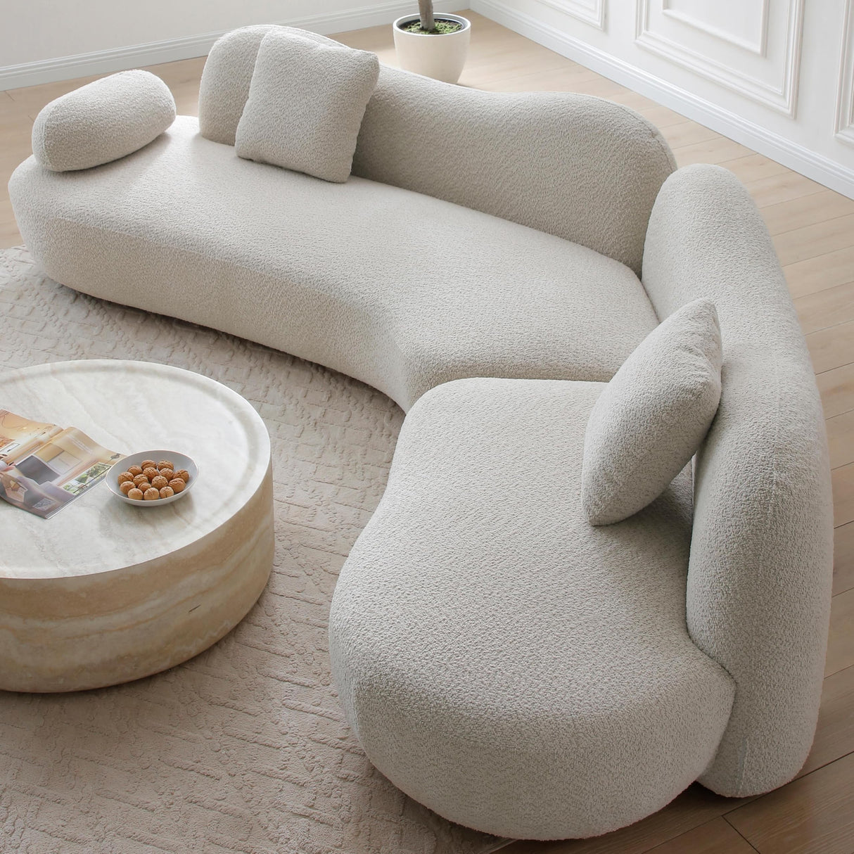 BBTJOINT Curved Modular Sectional Sofa for Living Room,Minimalist Style,V-Shape Cloud-Like Design,Contemporary Boucle Fabric Upholstery,Deep Seat Off-White Couch BBTJOINT