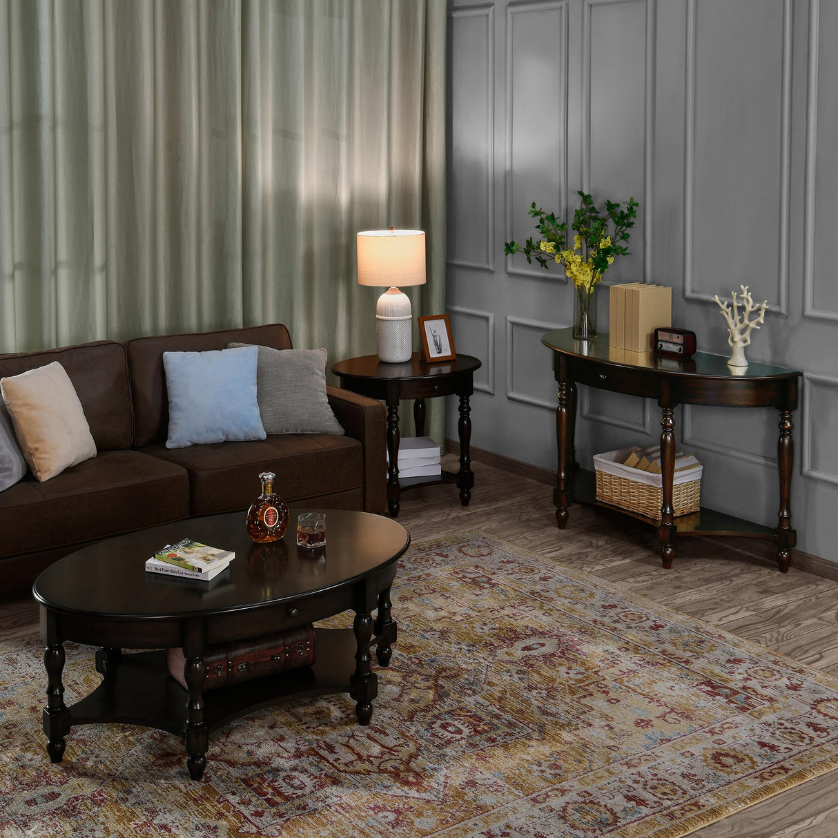 LEEMTORIG Oval Coffee Table for Living Room, 2-Tier Solid Wood Table with Storage Drawer, Victorian Antique Ellipse 45" Wx27.6 Dx18.2 H, Easy Assembly, Dark Walnut, KFZ-2233-DC LEEMTORIG