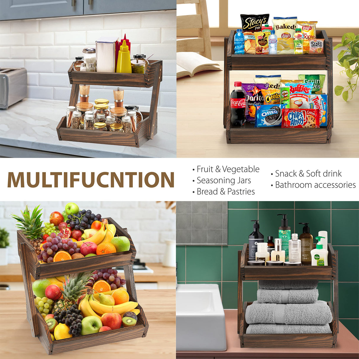 NAGAWOOD Large Capacity 2-Tier Wooden Fruit Basket, Durable Acacia Wood, 10.5" Tall, Spacious for Produce, Vegetables, Bread Storage and Home Kitchen Countertop NAGAWOOD