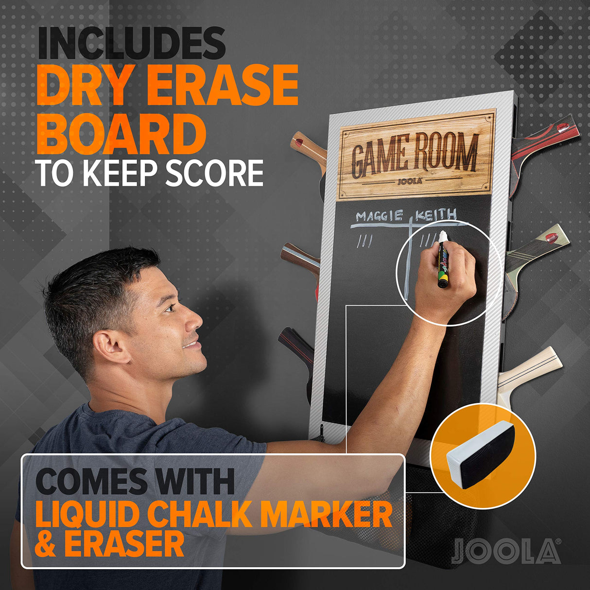 JOOLA Game Room Organizer with Ping Pong Paddle Holder, Table Tennis Ball Basket, Scoreboard, and Chalkboard JOOLA