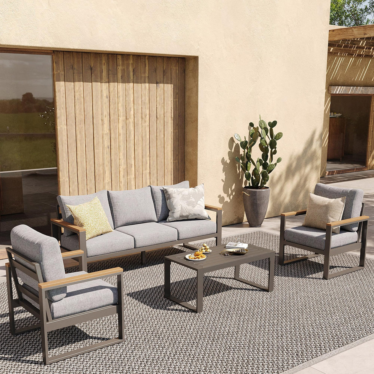 Sundale Outdoor Aluminum Patio Furniture Set, 4 Piece Modern Outdoor Furniture with 6 inch Cushion, Metal Patio Sectional Conversation Sets for Deck, Backyard, Porch (Grey) Sundale Outdoor