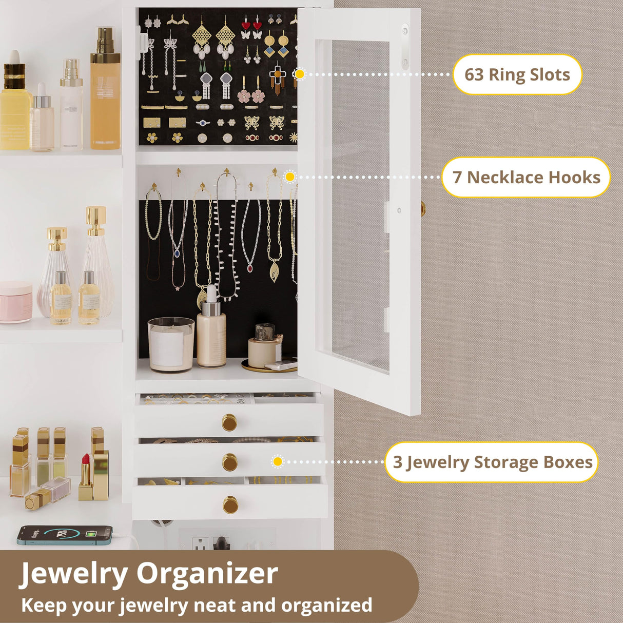 IRONCK Vanity Desk with Mirror and Lights, Makeup Vanity Table with 5 Drawers & Shelves, Power Outlet, Vanity Stool, Dressing Table with Jewelry Storage for Bedroom, White & Gold IRONCK