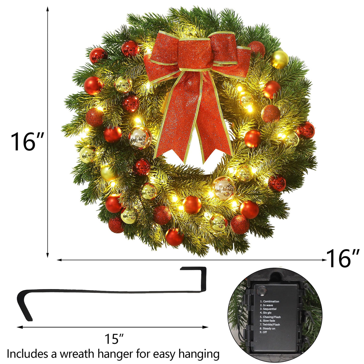 Lulu Home 16 Inch Pre-lit Christmas Wreath with Hook, Battery Operated Christmas Wreath Decorative Christmas Balls Hanging Ornament, Artificial Door Wreath 40 Clear LED Lights Lulu Home