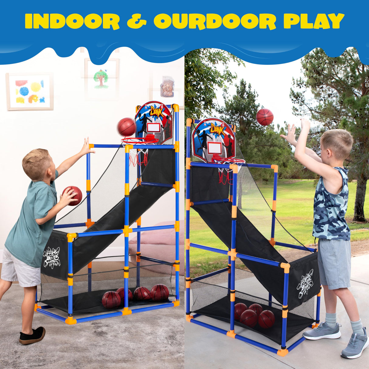 JOYIN Arcade Basketball Game Set with 4 Balls and Hoop for Kids 3 to 12 Years Old Indoor Outdoor Sport Play - Easy Set Up - Air Pump Included - Ideal for Competition JOYIN