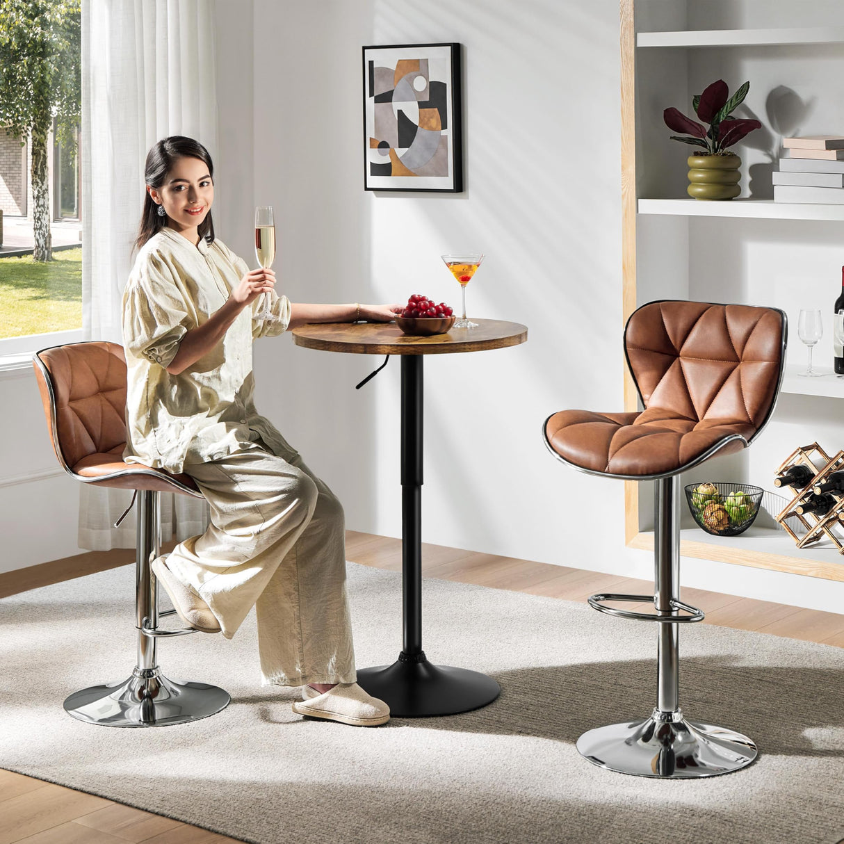 Yaheetech Round Pub Table Height Adjustable with 360 Swivel MDF Tabletop for Dining Bistro Cafe Home Bar, Rustic Brown Yaheetech