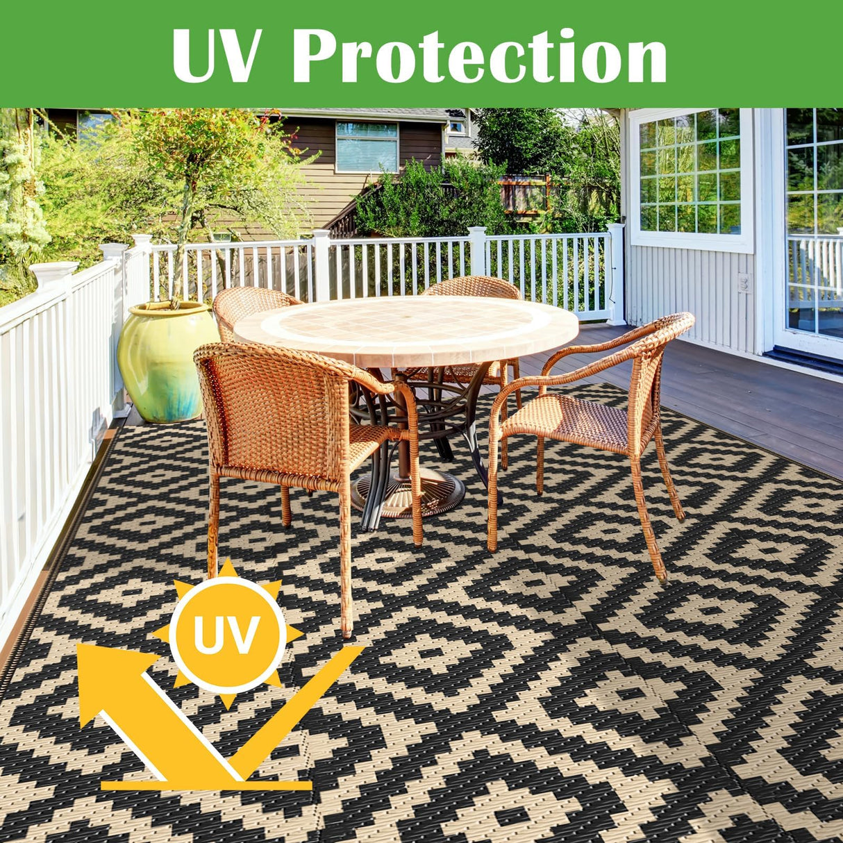 Mattitude Waterproof Outdoor Rug 5x8 Ft Outdoor Plastic Straw Rug Reversible Patio Rug Large Outdoor Carpet Area Rug for Patio Backyard Picnic Beach Camping RV Black & Beige Mattitude