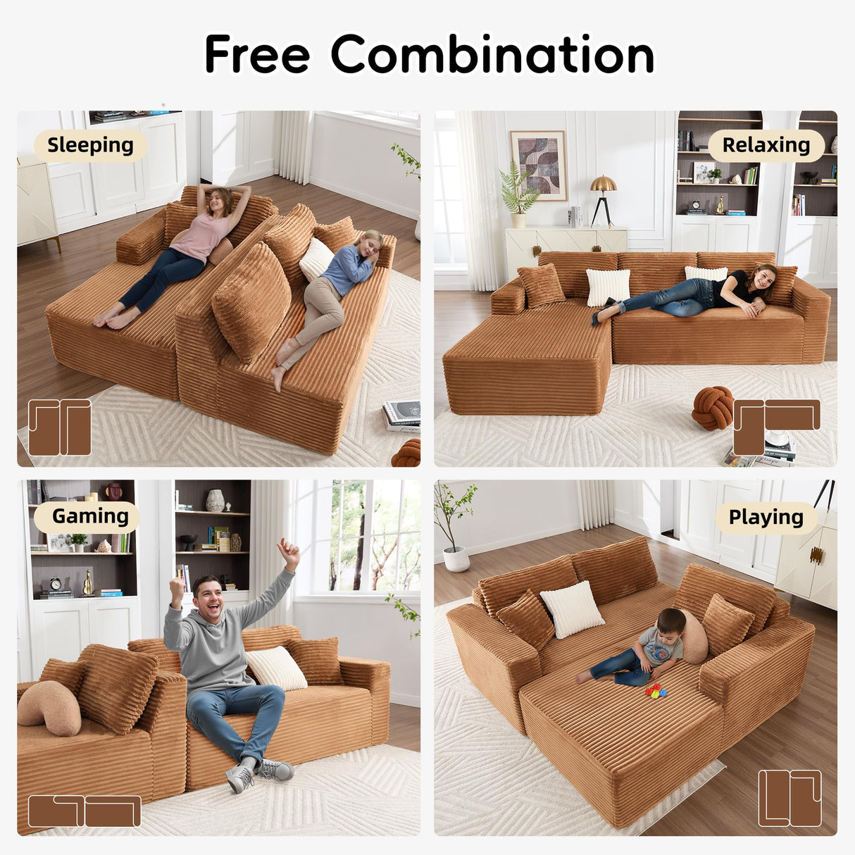 Opiesit 108" Boneless Couches for Living Room, Modular Sectional Sofa with Oversized Chaise, L-Shape Cloud Couch with Deep Seat, High-Density Memory Foam, No Assembly Required, Plush Corduroy Brown Opiesit