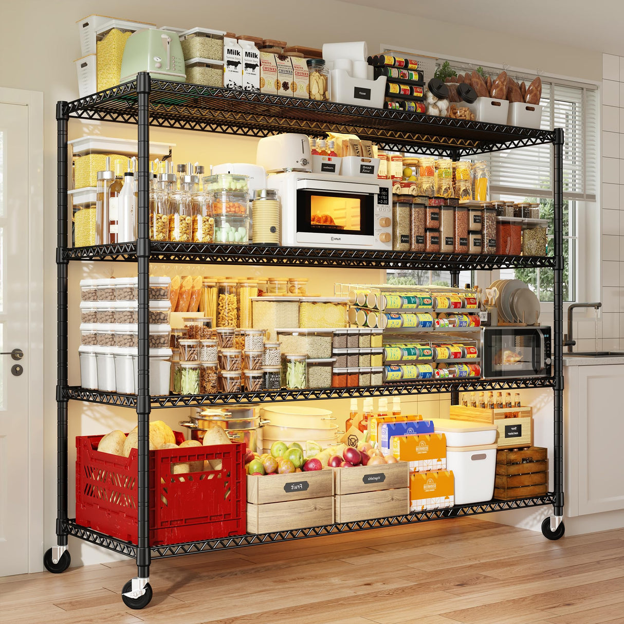 REIBII 60''W Storage Shelves 2399LBS Metal Shelving Unit with Wheels & Feet, 4 Tier Garage Shelving Heavy Duty Adjustable Wire Shelf for Pantry Kitchen Garage, 60" W x 18" D x 65.5" H, 2 Pack REIBII