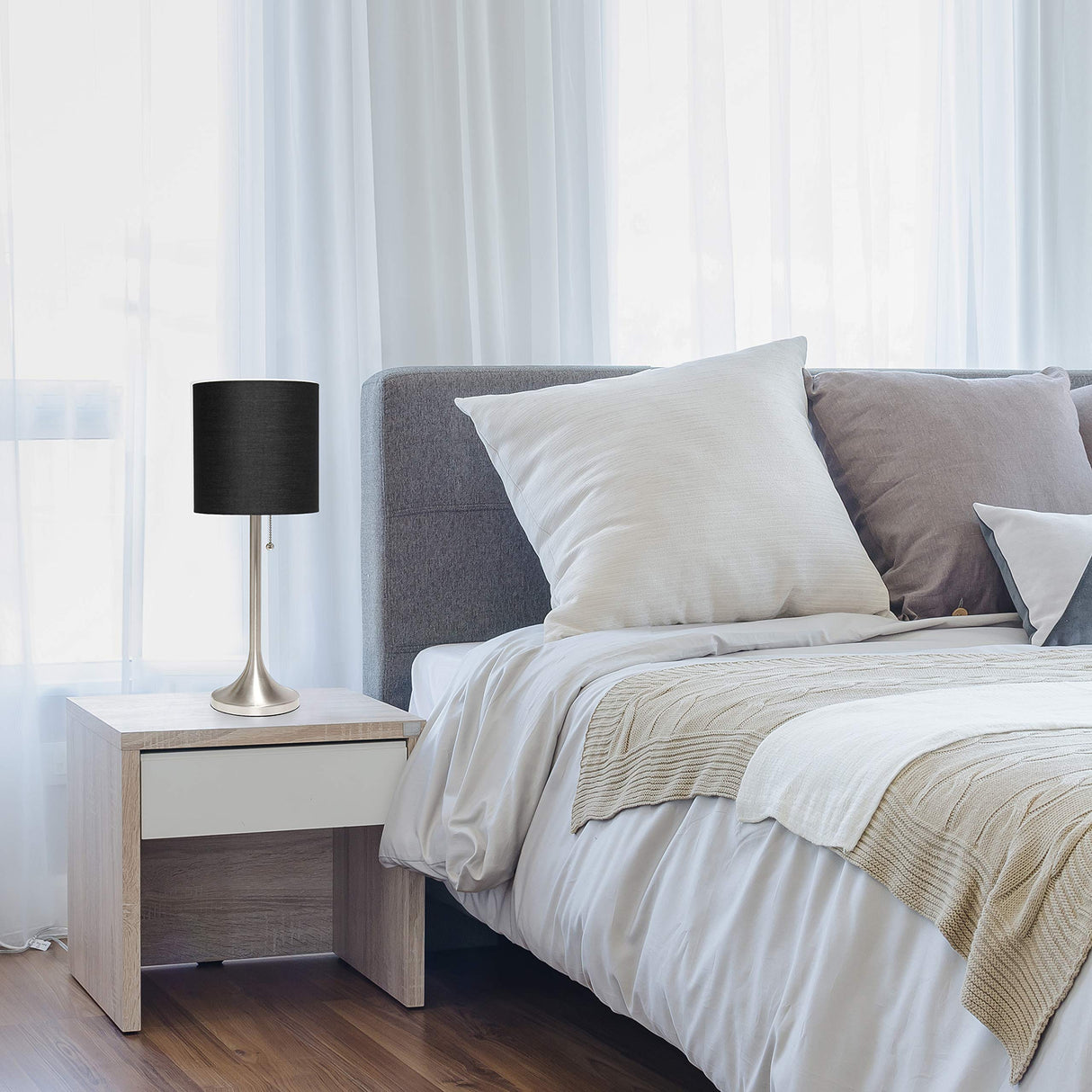 Simple Designs LT1076-BNB Tapered Fabric Drum Shade Table Lamp, Brushed Nickel and Black Simple Designs