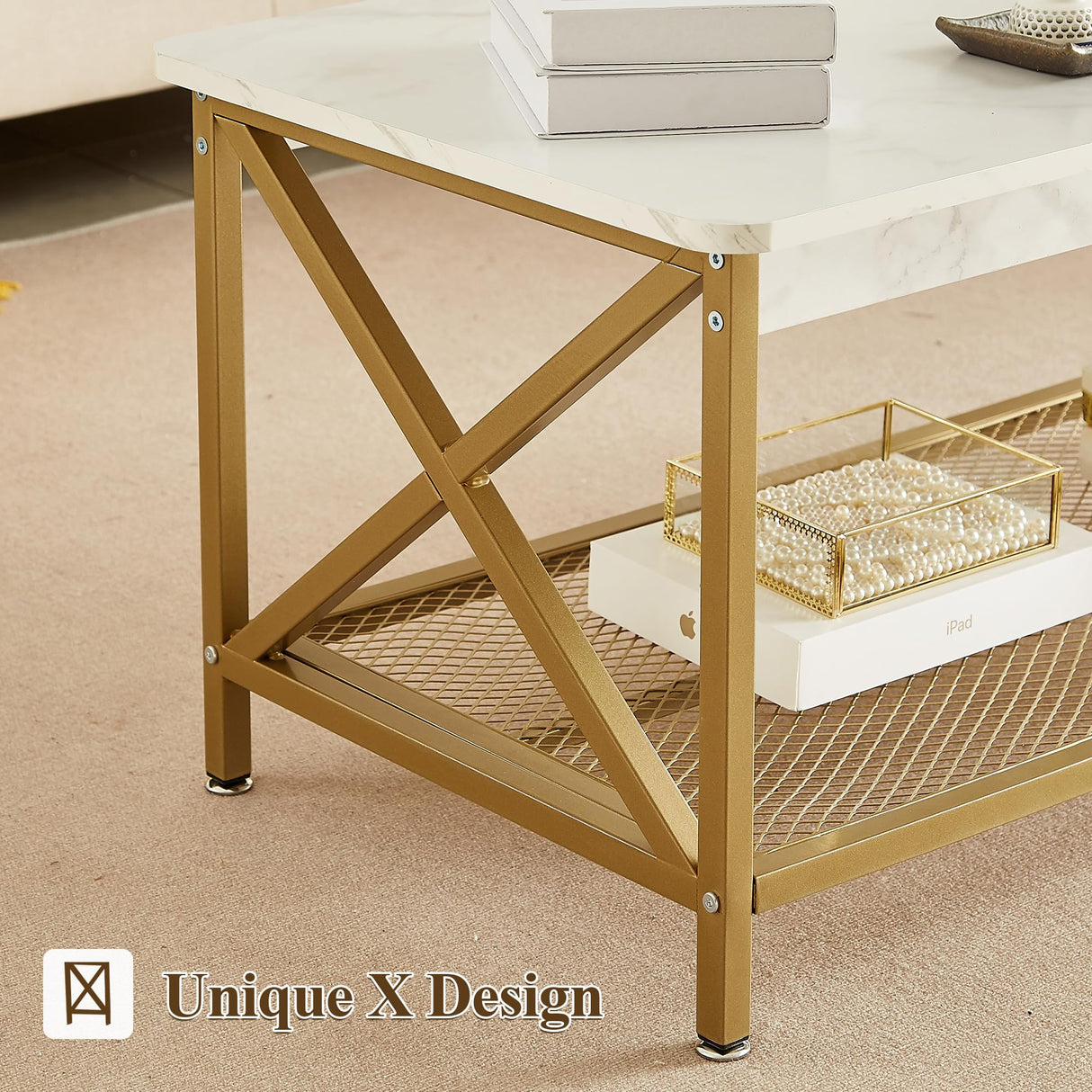 VECELO Coffee Table with 2-Tier Storage Shelf X-Frame for Living Room, Office Industrial Style,Easy Assembly, 39 inch White Gold VECELO